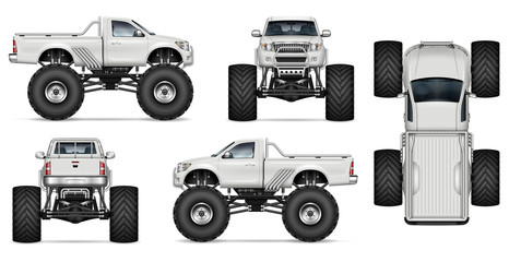 Monster truck vector mockup for vehicle branding, advertising, corporate identity. Isolated template of realistic big car on white background. All elements in the groups on separate layers © Yuri Schmidt