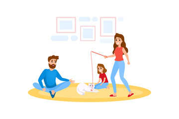 Cute female character play with pet cat.