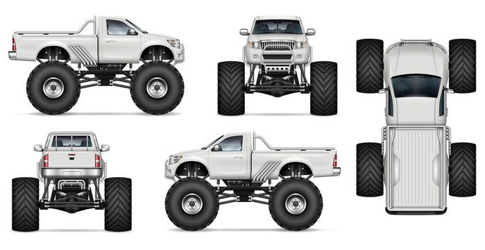 Monster truck vector mockup for vehicle branding, advertising, corporate identity. Isolated template of realistic big car on white background. All elements in the groups on separate layers