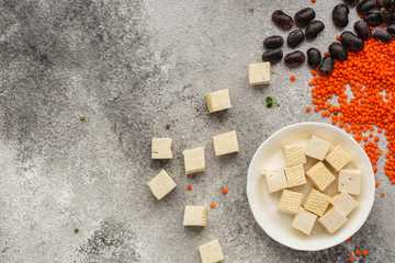 tofu (soy cheese) asian cuisine. copy space. food background. top