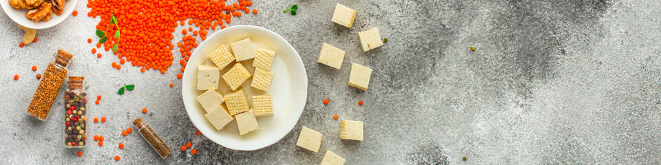 tofu (soy cheese) asian cuisine. copy space. food background. top - obrazy, fototapety, plakaty
