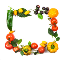 Assorted tomatoes and vegetables isolated on white background. Photo for your design.