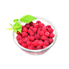 Bowl of fresh raspberry isolated on white background