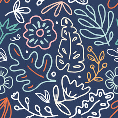 Vector seamless doodle line art pattern with floral elements: palm leaf, flowers. For wrapping paper, textile. Vector background.