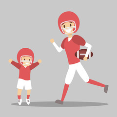 Father and son playing american football in uniform