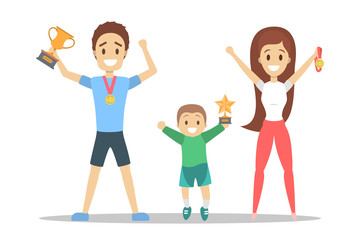 Happy family holding trophy cup. Best parent