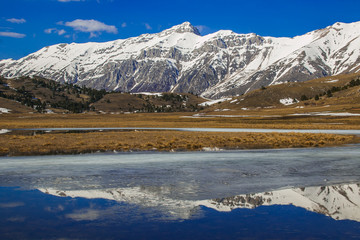 Tipico paesaggio abruzzese in inverno con il lago gelato