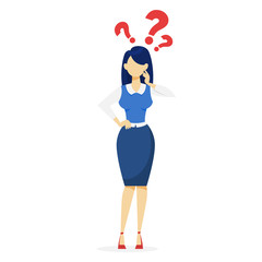 Woman with question mark above. Idea of doubt