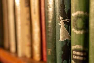 Old books with beautiful covers on the bookshelf. Old books in the library.