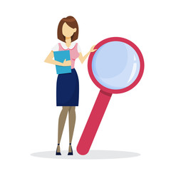 Businesswoman with magnifying glass. Business research and expertise