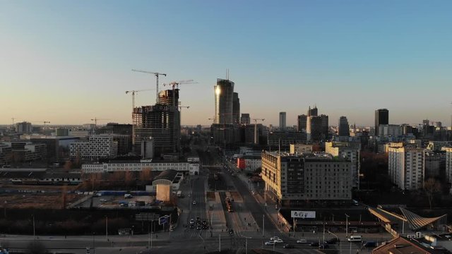 Warsaw, Poland Skyline Sunrise Aerial Drone Sunset Shot Downtown