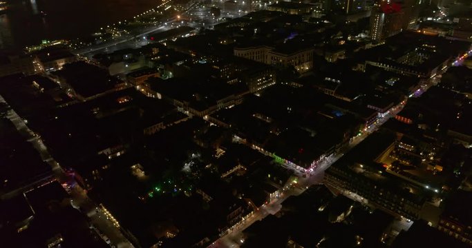 New Orleans Louisiana Aerial v9 Nighttime panning to vertical view of French Quarter - August 2018
