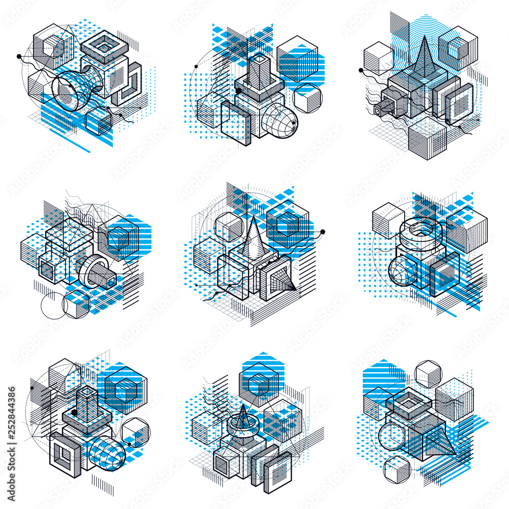 Poster abstract vector backgrounds with isometric lines and shapes. cubes, hexagons, squares, rectangles an