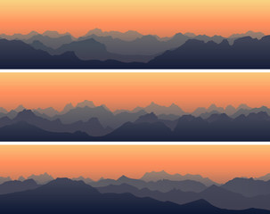 Fototapeta na wymiar Horizontal banners of rocky high mountains at sunset.