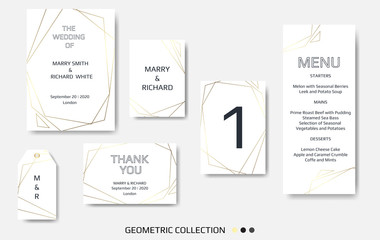 Wedding Invitation, invite card design with Geometrical art lines, gold foil border, frame.