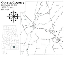 Large and detailed map of Coffee county in Alabama, USA