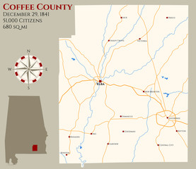 Large and detailed map of Coffee county in Alabama, USA