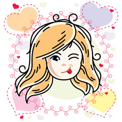 Vector illustration of beautiful blonde happy girl face, positive face features, clipart. Teenager winking and making funny grimace.
