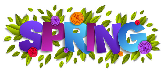 Spring papercut word with flowers and leaves vector modern style cartoon paper cut 3d illustration.
