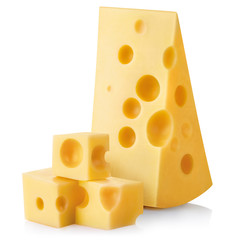 Several pieces of delicious cheese, isolated on white background