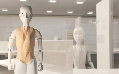 Obraz premium female autonomous artificial intelligence robots on the chair in the office 3d-illustration