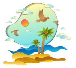 Fototapeta na wymiar Beach with palms, sea waves perfect seascape, birds clouds and sun in the sky, summer beach holidays theme paper cut style vector illustration.