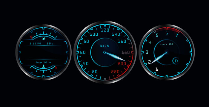 Set of isolated dashboard speedometers. Realistic sensor panel with arrows. Vector scale of level gasoline, vehicle tachometer, car speedometer. Chrome neon board. Measuring speed illustration. 