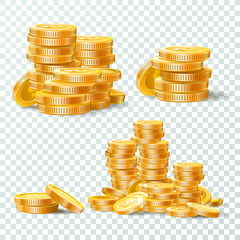 Stack of gold coins. Golden coin pile, money stacks and golds piles isolated vector set - obrazy, fototapety, plakaty