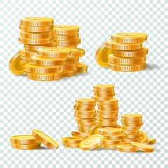 Fotobehang Stack of gold coins. Golden coin pile, money stacks and golds piles isolated vector set © Tartila