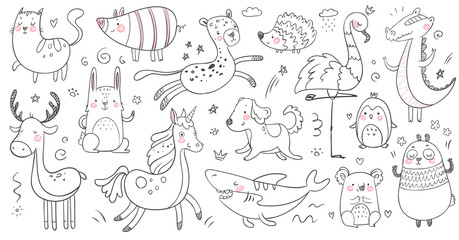 Doodle animals. Sketch animal, hand drawn decoration panda and adorable crocodile. Cute shark, cat and friendship leopard vector set