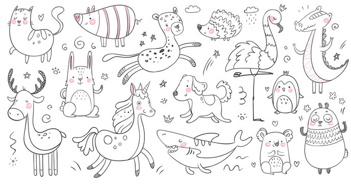Doodle animals. Sketch animal, hand drawn decoration panda and adorable crocodile. Cute shark, cat and friendship leopard vector set