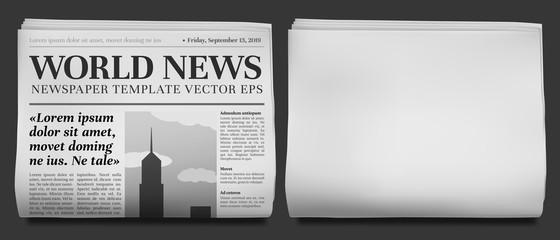 Newspaper headline mockup. Business news tabloid folded in half, financial newspapers title page and daily journal vector illustration - obrazy, fototapety, plakaty
