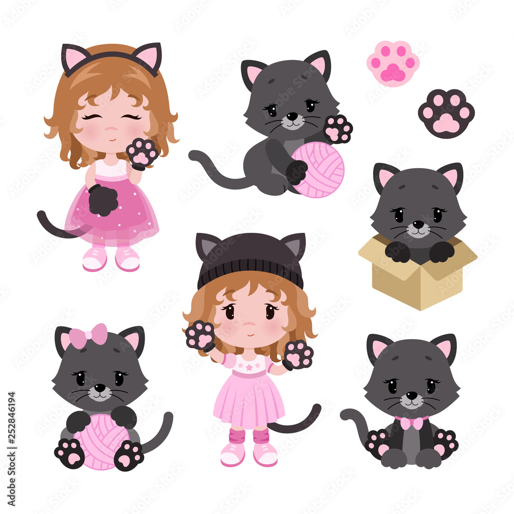 Wall mural Vector cute little baby girl in cat costume and cats. Cartoon set.