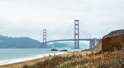 San Francisco, CA / USA - August 21st, 2017: The Golden Gate bridge as seen from Baker Beach