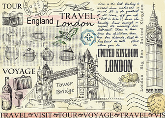 Plakat London with Big Ben and Tower Bridge. Vector illustration