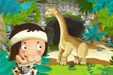 cartoon happy scene with caveman traveling near some cave and seeing diplodocus dinosaur - illustration for children