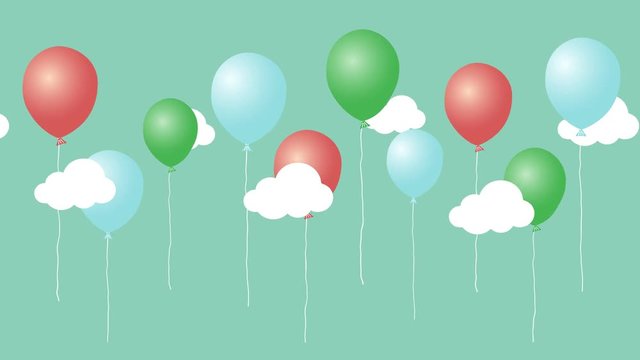 Colorful animation of cartoon air balloons with clouds. happy birthday video card. Seamless loop cute animated background.