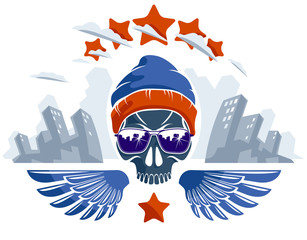 Urban culture style skull in sunglasses vector logo or emblem, gangster or thug illustration, anarchy chaos hooligan, ghetto theme.
