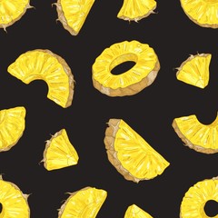 Elegant seamless pattern with fresh pineapple pieces and slices on black background. Backdrop with exotic juicy fruit. Hand drawn vector illustration in vintage style for wrapping paper, fabric print.