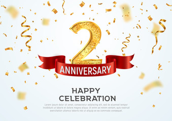 2 years anniversary vector banner template. Two year jubilee with red ribbon and confetti on white background