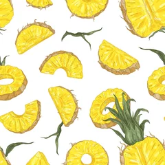 Wall murals Pineapple Botanical seamless pattern with ripe pineapple pieces and slices on black background. Backdrop with cut sweet tropical fruit. Elegant realistic vector illustration in antique style for textile print.