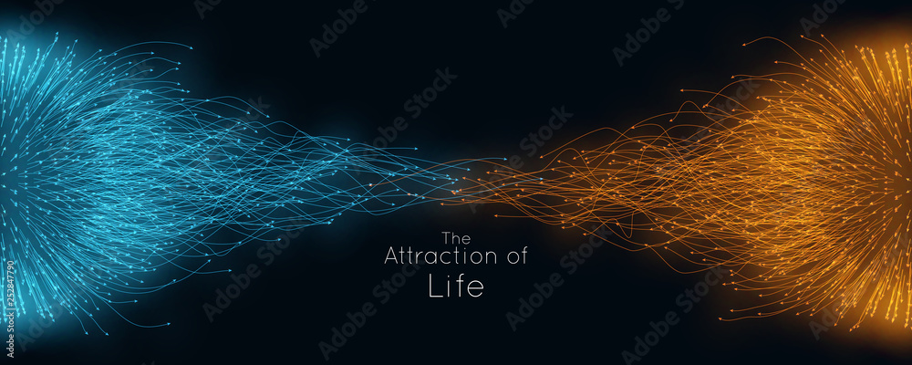 Wall mural colorful attraction of life. vector connecting particle tails. small particles strive to each other.