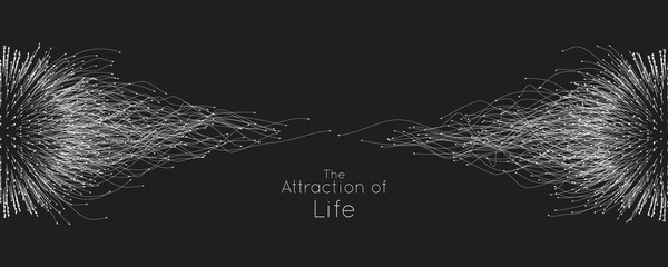 Attraction of life. Vector connecting particle tails. Small particles strive to each other. Blurred debrises into rays or lines under high speed of motion. Burst, explosion backdrop.