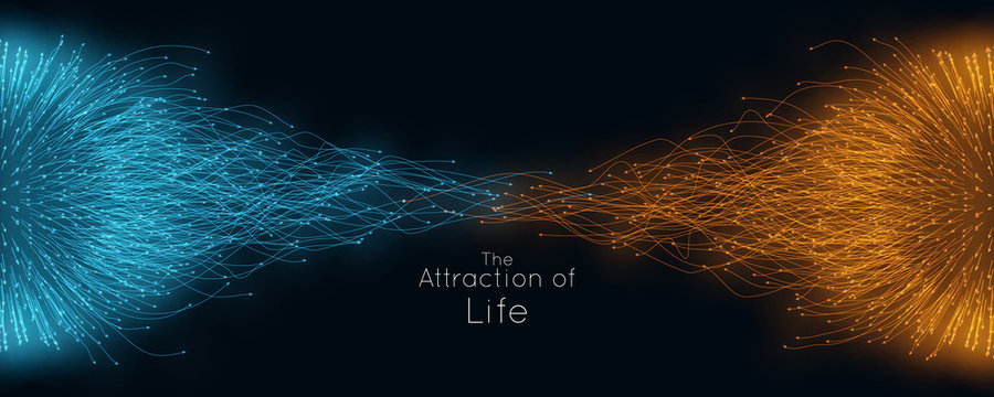 Colorful attraction of life. Vector connecting particle tails. Small particles strive to each other. Blurred debrises into rays or lines under high speed of motion. Burst, explosion backdrop.