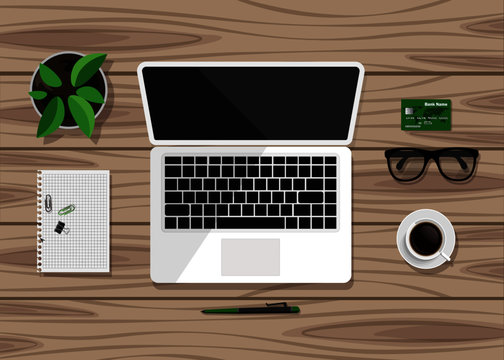 Top view of business workplace on wood desk. Flat design of workspace with laptop, notebook, cup of coffee, pot of plant, eyeglasses etc. Vector illustration