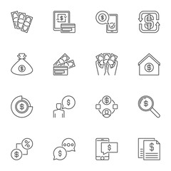 Dollar and USD currency outline icons set. Vector Money concept linear symbols