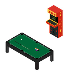 Game room concept.  Arcade game machine and pool billiard table