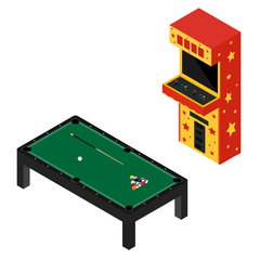 Game room concept.  Arcade game machine and pool billiard table
