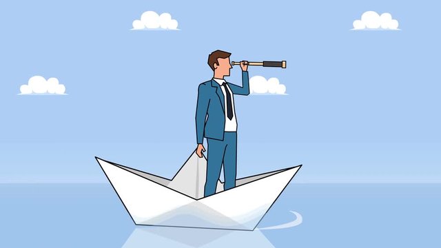 Flat cartoon businessman character looks through spyglass floating on paper boat animation