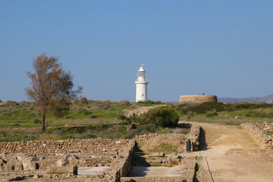 Lighthouse at the Paphos Archaelogical Park in spring, Cyprus